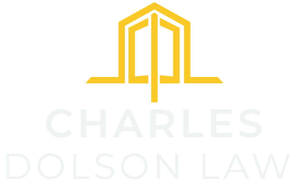 Official brand logo for Charles Dolson Law featuring a gold geometric house icon with the letters 'C' and 'D' integrated into the structure. The company name is rendered in a modern, clean white sans-serif typeface. The design balances architectural stability with legal authority, optimized for dark backgrounds.