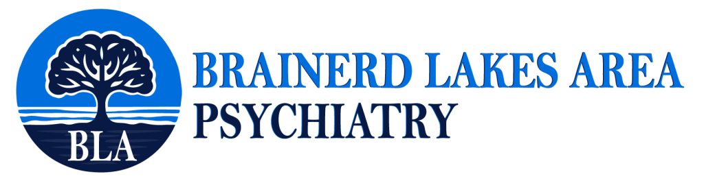 Brainerd Lakes Area Psychiatry logo featuring a circular emblem with a tree silhouette over blue water and the company name in bold blue and black text