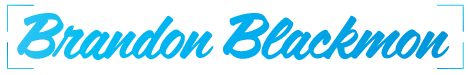 Personal brand logo for Brandon Blackmon featuring a bright blue script typeface enclosed in a modern bracket-style frame.