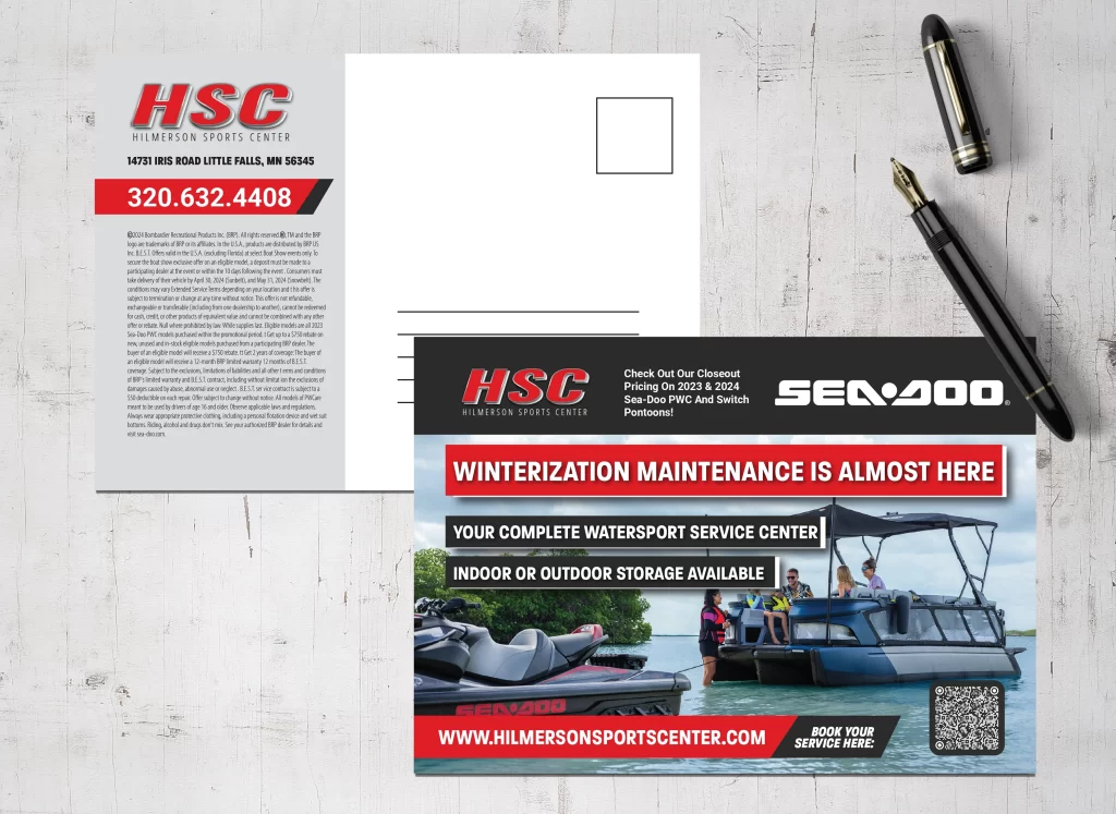 A dual-sided marketing postcard for Hilmerson Sports Center in Little Falls, Minnesota. The design promotes winterization maintenance and storage for watersports, featuring Sea-Doo PWC and Switch Pontoons. It includes a red, white, and black color scheme, a QR code for service booking, and closeout pricing details for 2023 and 2024 models.