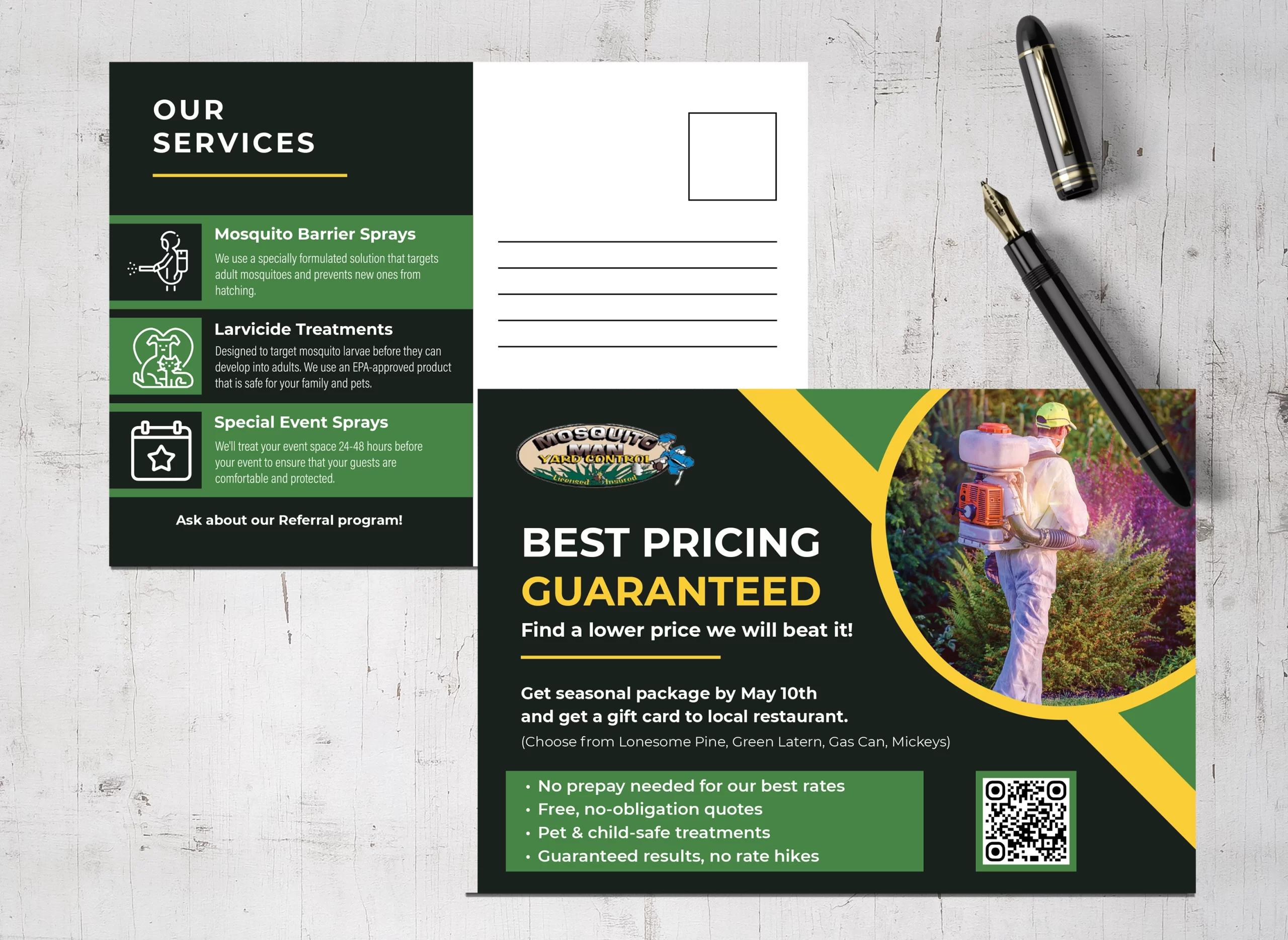 Front and back design of a seasonal marketing postcard for Mosquito Man Yard Control. The design features a technician performing a yard treatment, service icons for mosquito barrier sprays and larvicide treatments, and a 'Best Pricing Guaranteed' offer. It includes a May 10th seasonal package deadline and a QR code for quick booking.