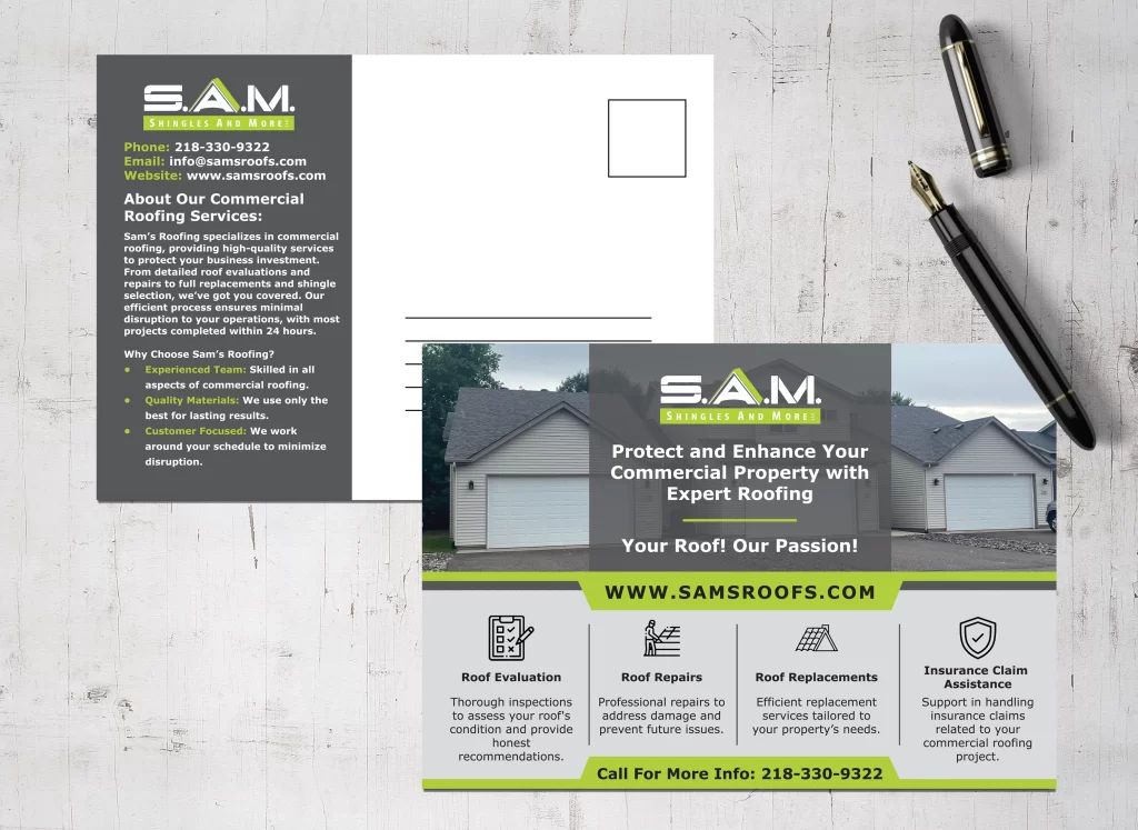 A professional marketing postcard design for S.A.M. Shingles And More, showcasing commercial roofing services. The design features a gray and lime green color scheme, photos of commercial residential units with fresh roofing, and clear service icons for roof evaluation, repairs, replacements, and insurance claim assistance. Contact details include a Brainerd area phone number and the company website.