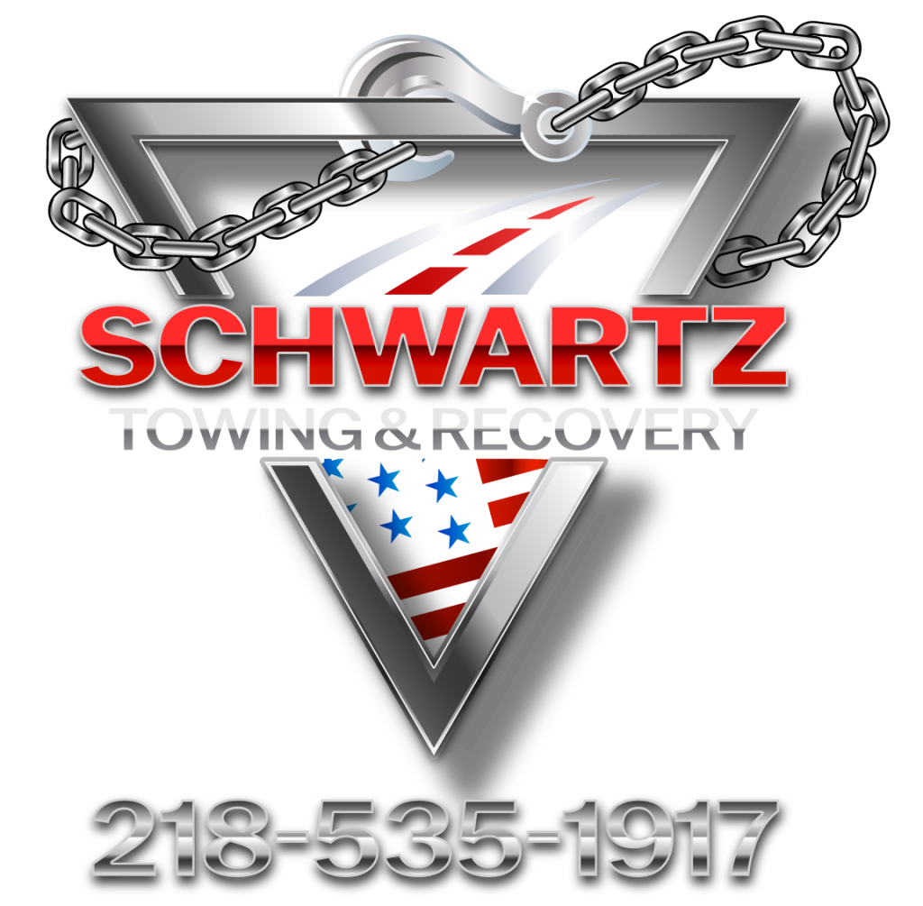 Industrial brand logo for Schwartz Towing & Recovery, featuring a metallic silver inverted triangle frame. The design includes a heavy-duty tow hook and chain draped across the top, a stylized roadway icon with a red center stripe, and an American flag motif in the lower point. The company name is rendered in a high-gloss red and silver gradient, with a 218 area code phone number displayed prominently in chrome-finish block lettering below.