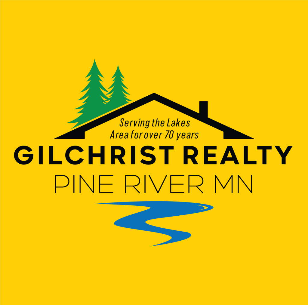 Official logo for Gilchrist Realty in Pine River, MN, set against a vibrant yellow background. The design features a black house silhouette with green evergreen trees and a blue winding river graphic. Text includes 'Serving the Lakes Area for over 70 years' and the company name in a bold, black sans-serif typeface.