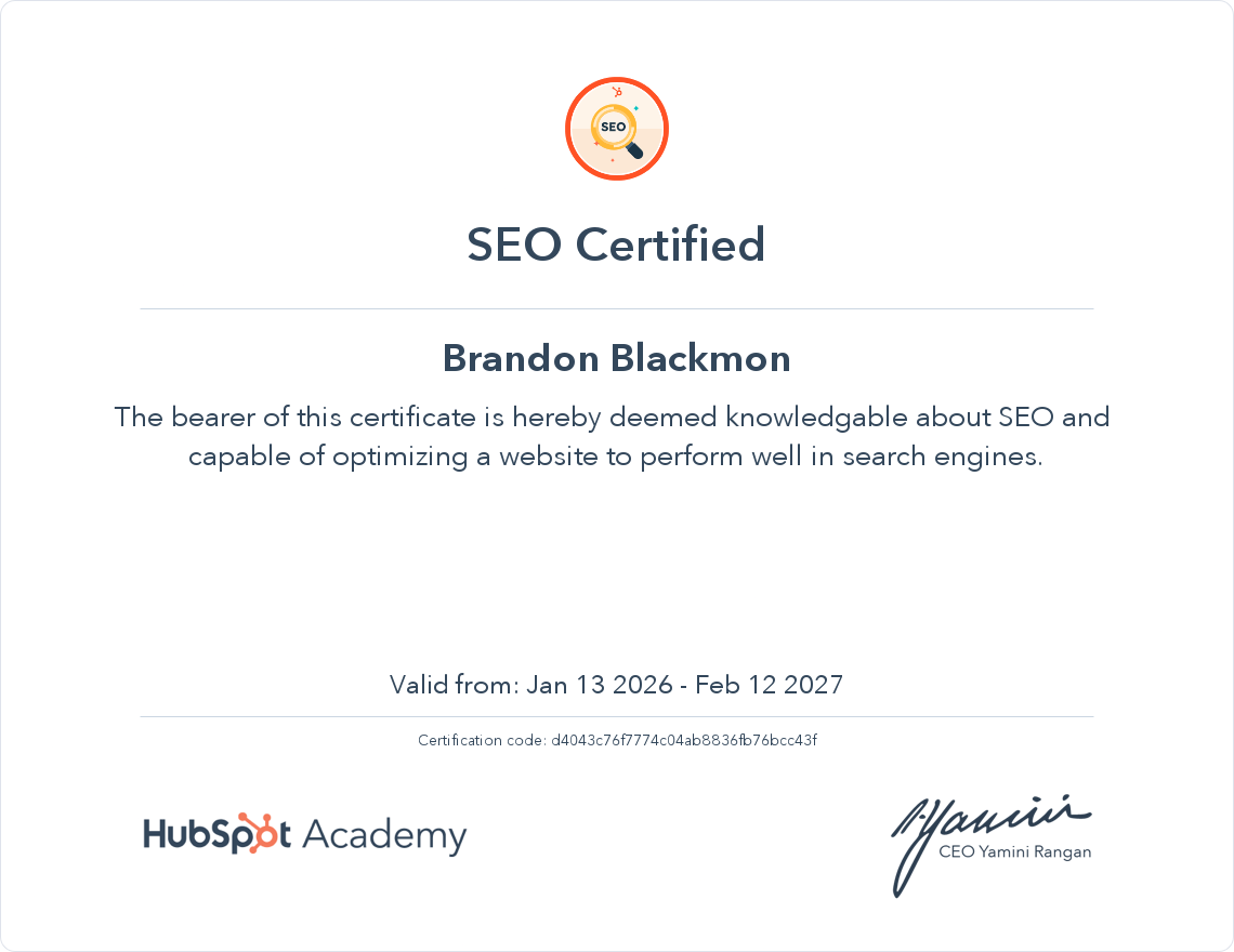 SEO Certified by HubSpot Academy