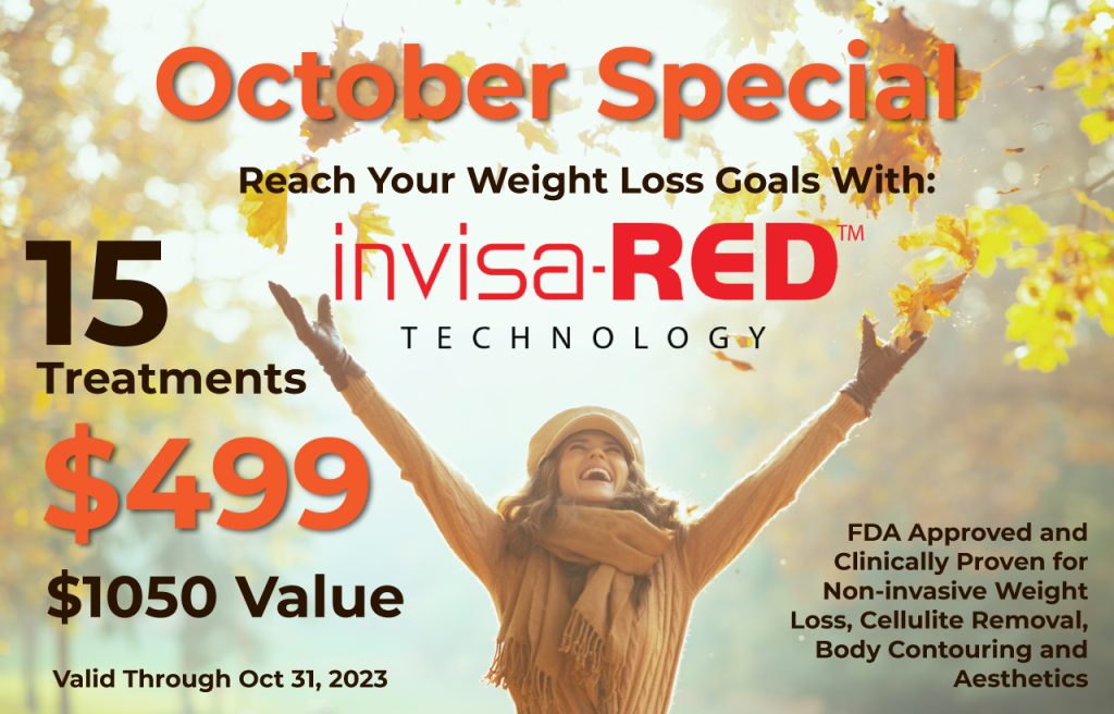 Seasonal marketing banner for invisa-RED Technology featuring an 'October Special' offer. The design showcases a joyous woman in autumn attire throwing leaves against a blurred fall background. The offer highlights 15 treatments for $499, representing a $1050 value. The layout includes the invisa-RED logo, FDA-approved clinical benefits for non-invasive weight loss and cellulite removal, and a clear 'Valid Through Oct 31' deadline.