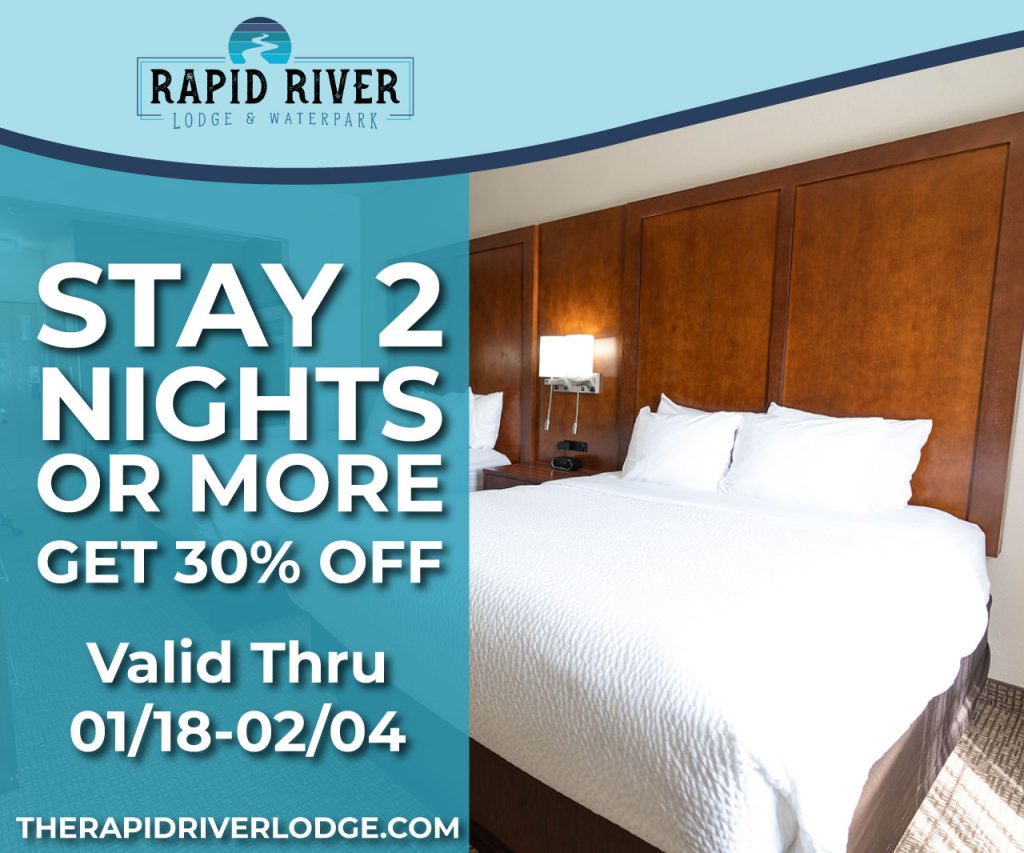 Social media promotional banner for Rapid River Lodge & Waterpark featuring a 'Stay 2 Nights or More, Get 30% Off' offer. The design uses a clean teal and navy color palette with a high-quality photo of a modern hotel suite. The graphic clearly displays the offer's validity dates (01/18–02/04) and the company website, therapidriverlodge.com. The layout is optimized for high-conversion seasonal bookings.