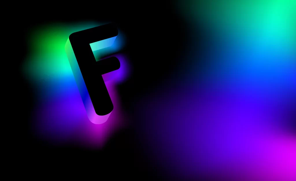 Bold black letter F angled diagonally against a neon gradient background of green, blue, and purple glow.